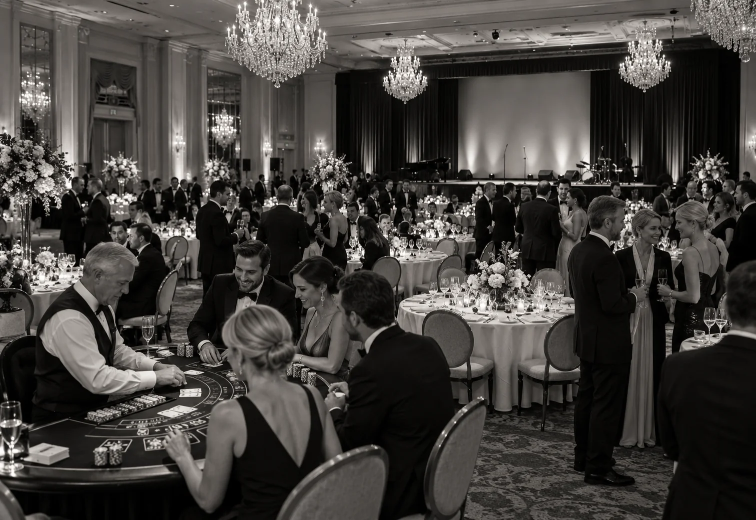 An elegant corporate gala setting with a stage and hosted entertainment